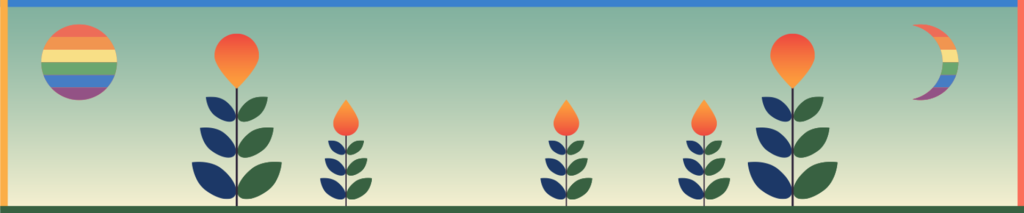 The image features a stylized, minimalistic illustration of plants with flowers against a gradient background that transitions from light green at the bottom to a lighter shade near the top. The plants have tall, thin stems with leaves in shades of dark green and blue, and the flowers at the top are teardrop-shaped, colored in orange and red gradients. On the left side of the image, there is a circular symbol with horizontal stripes in red, yellow, green, blue, and purple. On the right side, a crescent moon shape with the same colored stripes is visible. The top edge of the image has a thin blue border, while the sides have thin orange borders.