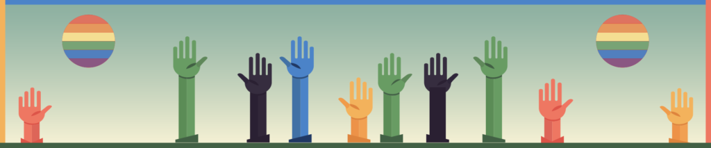 The image shows a stylized, flat design illustration featuring several raised hands in different colors, including shades of green, blue, black, and orange. The hands are positioned upright, with palms facing forward and fingers spread, suggesting a gesture of participation or inclusion. On either side of the hands, there are two circular symbols, each featuring horizontal stripes in various colors: red, yellow, green, blue, and purple. The background is a gradient from light green at the bottom to a lighter shade near the top, with a thin blue border at the top edge of the image.