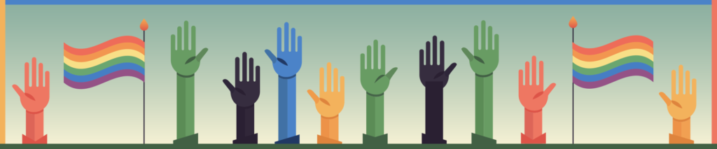 The image shows a stylized, flat design illustration featuring several raised hands in different colors, including shades of green, blue, black, and orange. The hands are positioned upright, with palms facing forward and fingers spread, suggesting a gesture of participation or inclusion. On either side of the hands, there are two circular symbols, each featuring horizontal stripes in various colors: red, yellow, green, blue, and purple. The background is a gradient from light green at the bottom to a lighter shade near the top, with a thin blue border at the top edge of the image.